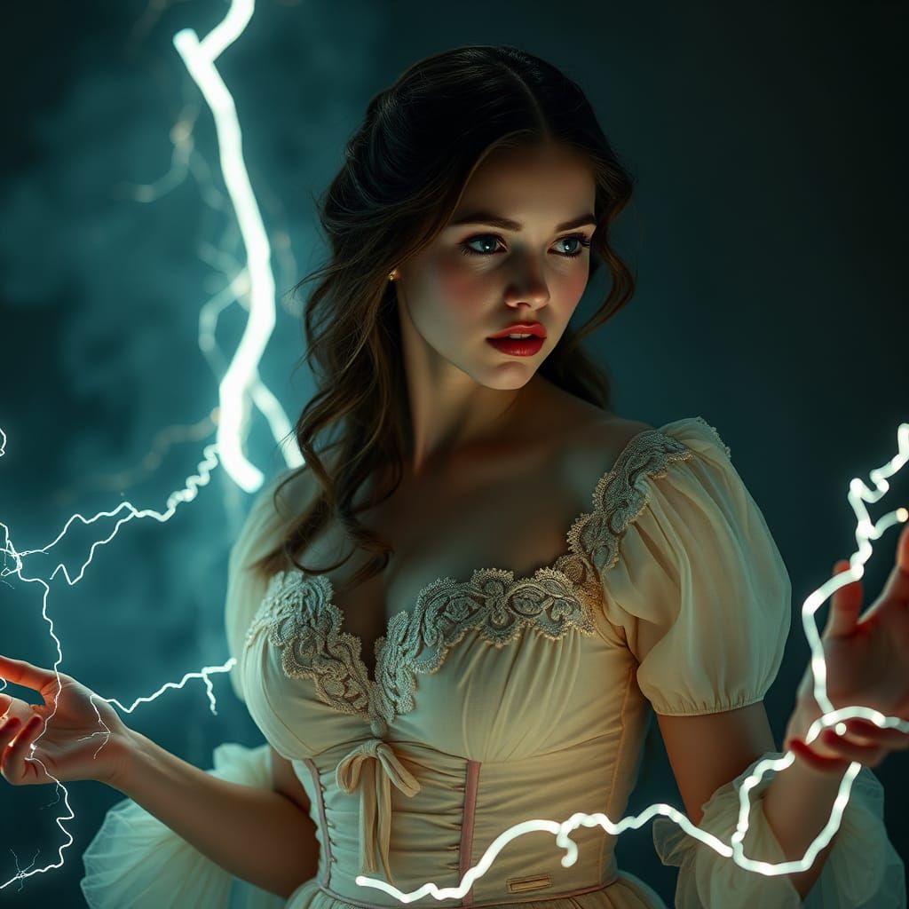 Rococo Woman Conjuring Electric Powers in Hyperrealism