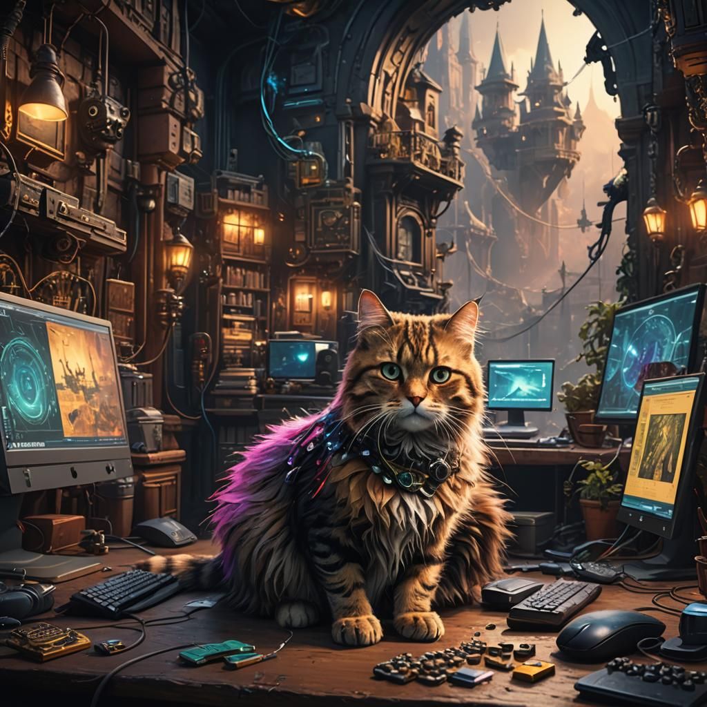 Cat Hacker: Detailed Matte Painting in Fantasy Style