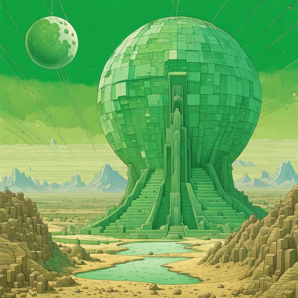 Green Monument on Alien Planet in Moebius Style