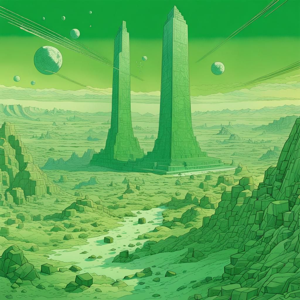 Green Alien Monument in Moebius Comic Style