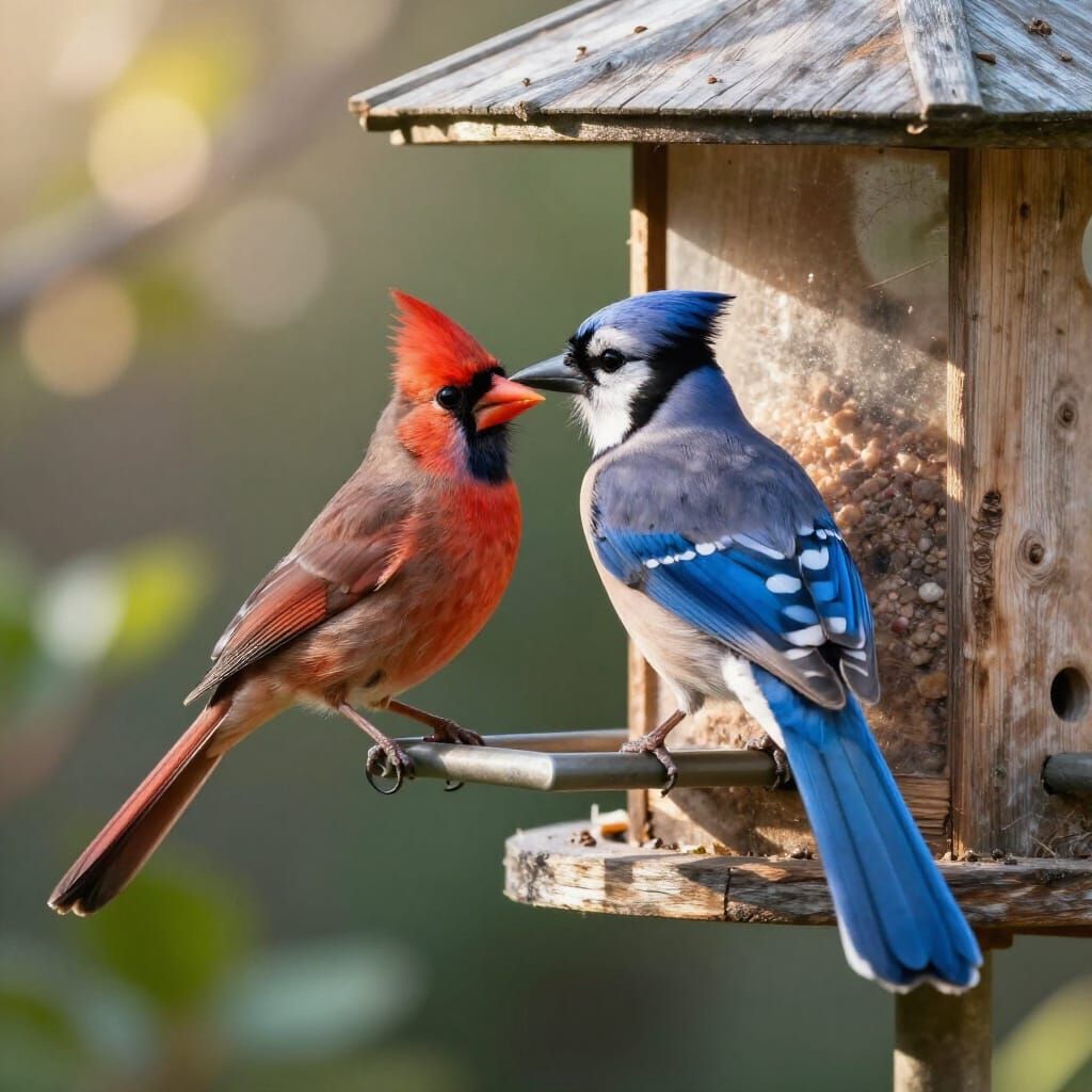 Cardinal and Blue Jay on Bird Feeder