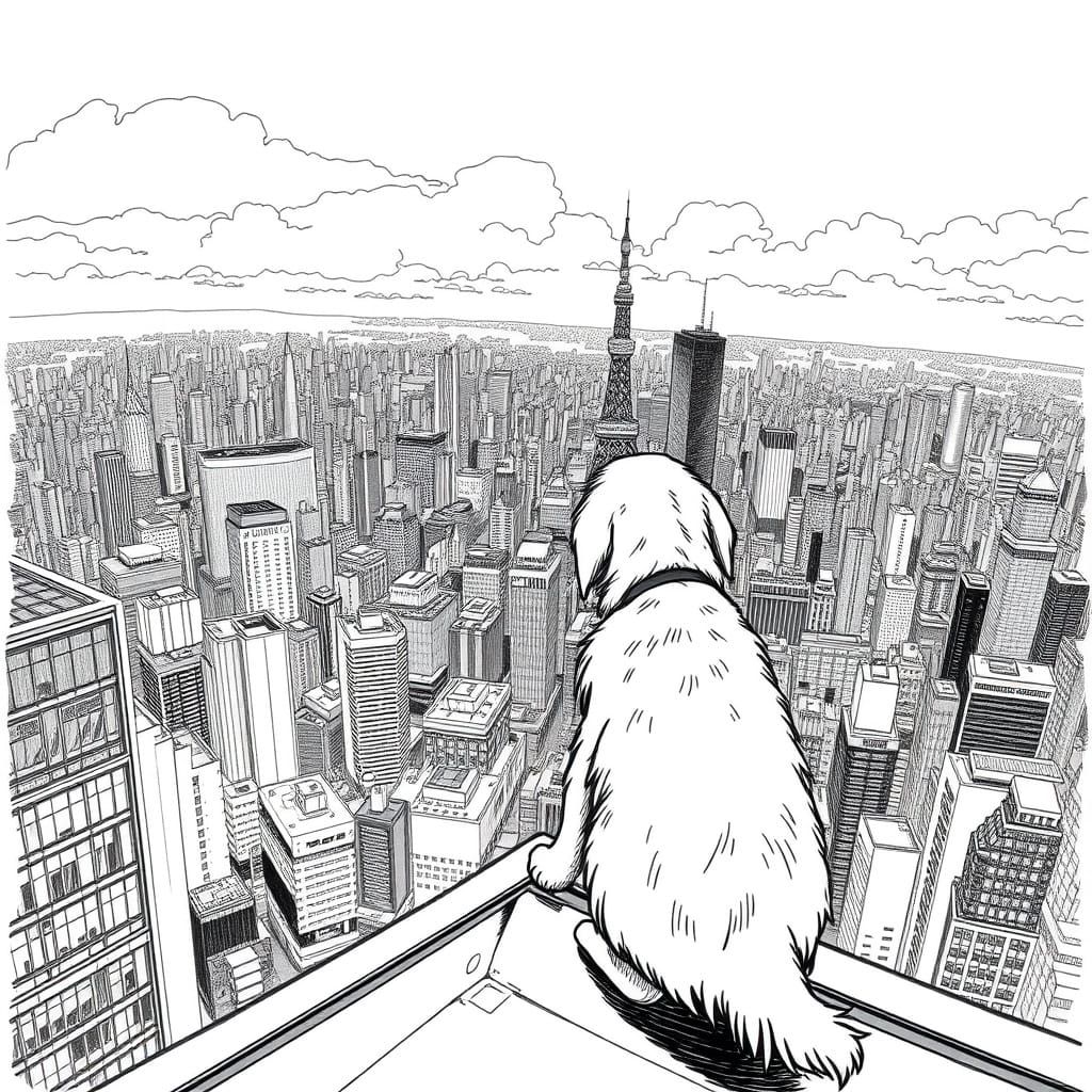 Puppy Overlooks Tokyo Metropolis in Hand-Drawn Style
