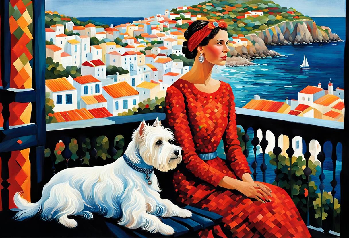 Coastal Village Balcony View in Impressionistic Style