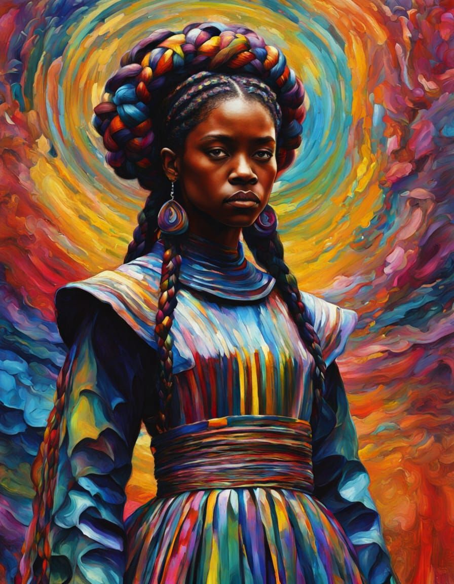 Goddess with Ribboned Braids in Psychedelic Fantasy Landscap...