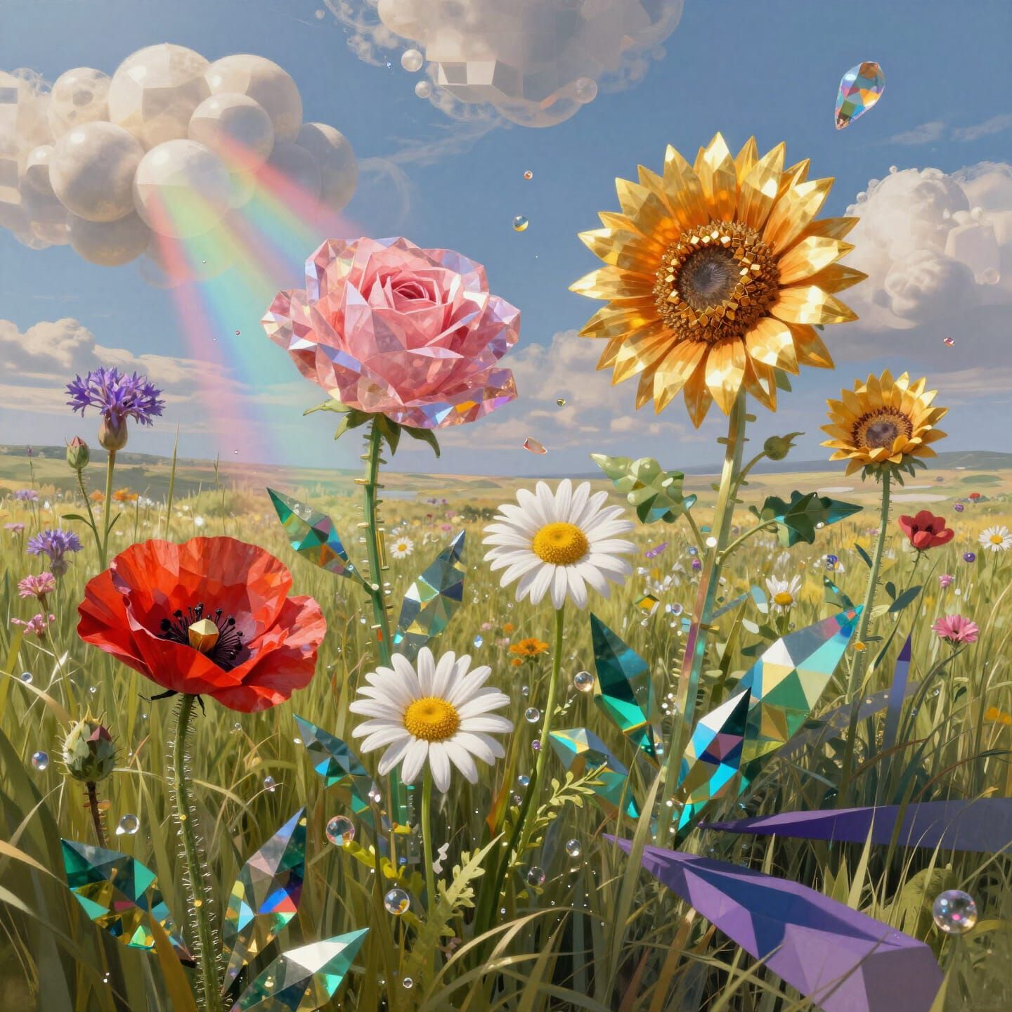 Surreal Crystal Meadow with Geometric Wildflowers