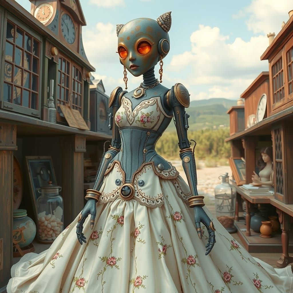 Steampunk Robot in Whimsical, Old Fashioned Western Setting
