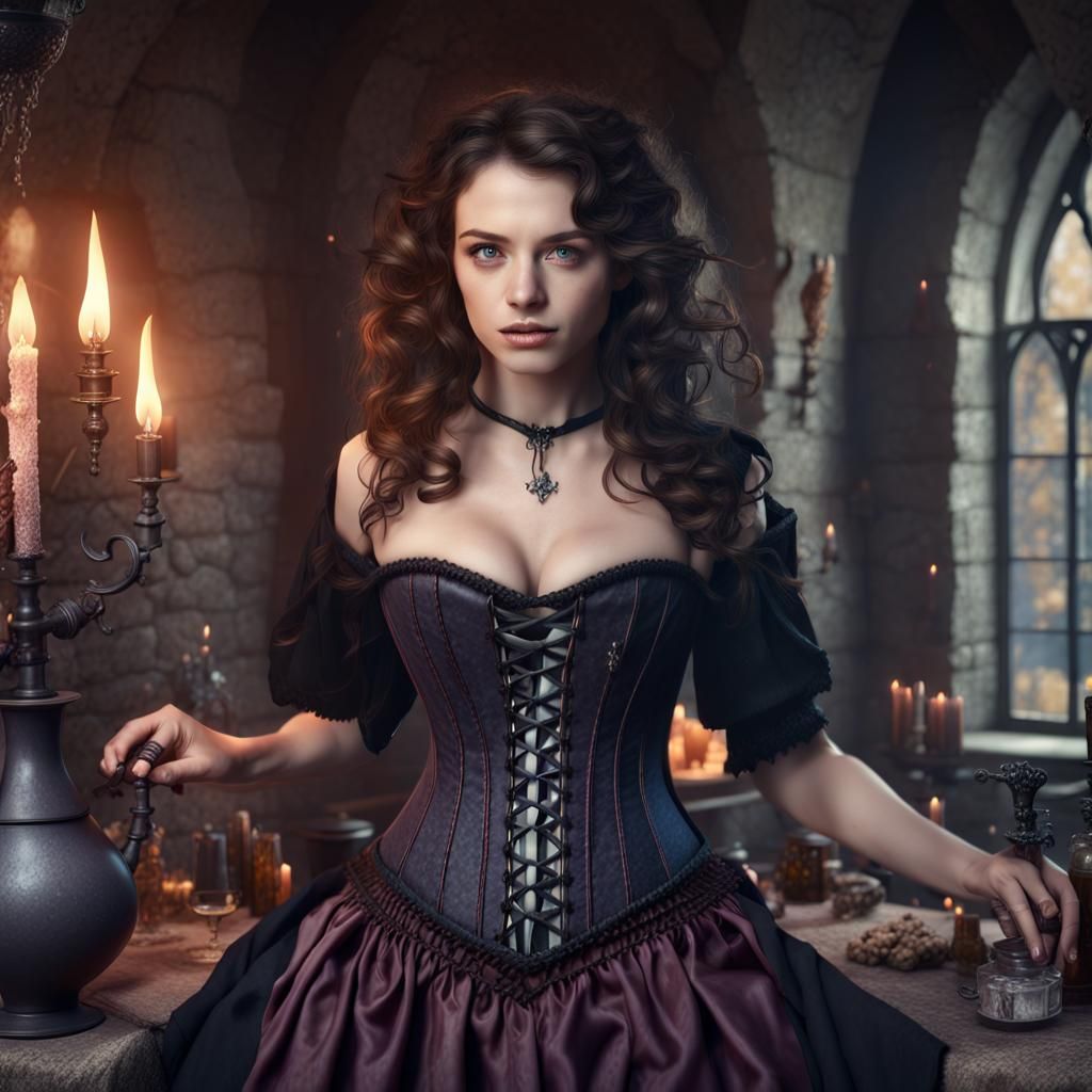 Medieval Witch Brewing Potion in Castle Lair