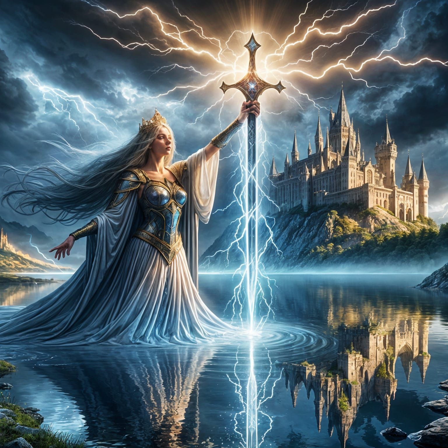 Mystical Guardian of the Lake Holds Majestic Sword of Fate