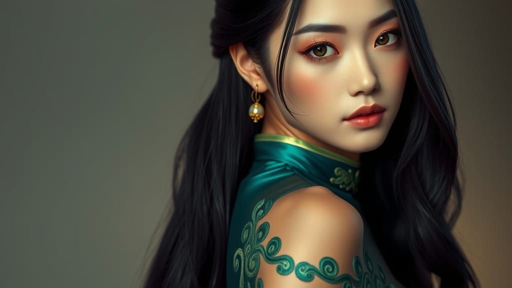 Serene Asian Woman in Silk Dress: Photorealistic Portrait
