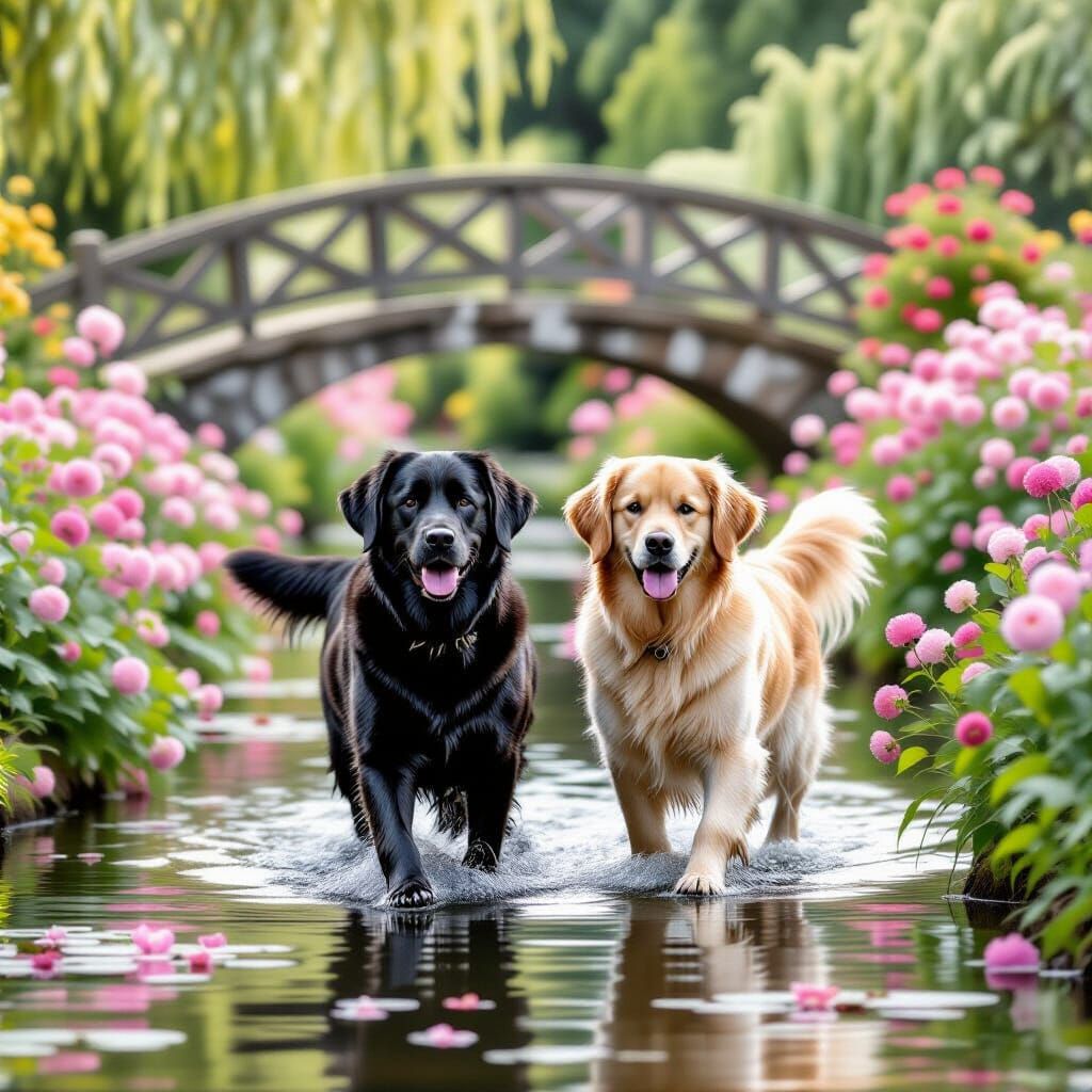 Labrador and Golden Retriever in Monet's Garden