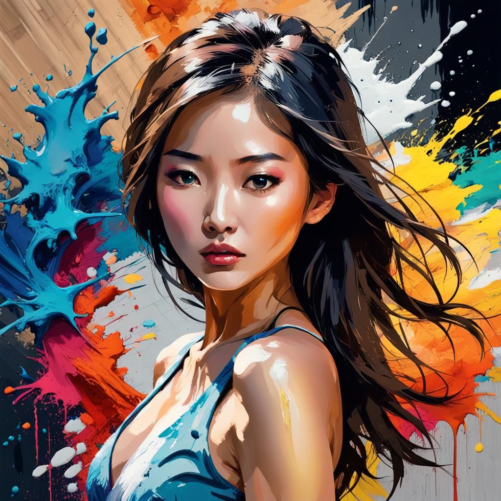 Beautiful Asian Woman with Color Ink Splash in Pallet Knife ...