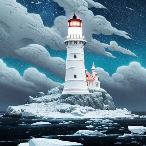 Intricate Ice Lighthouse on Frozen Island, Detailed Digital ...