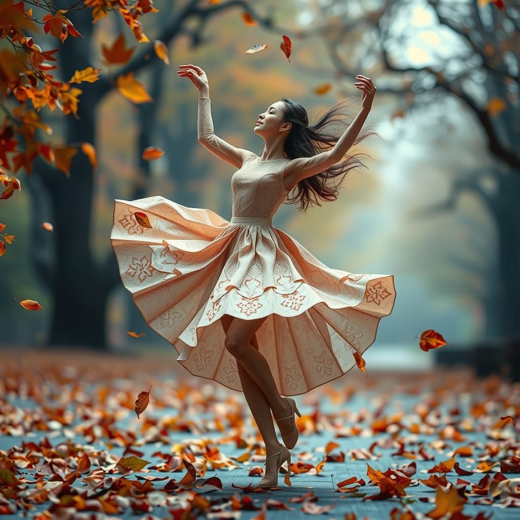 Autumn Dancer in Origami Paper Dress