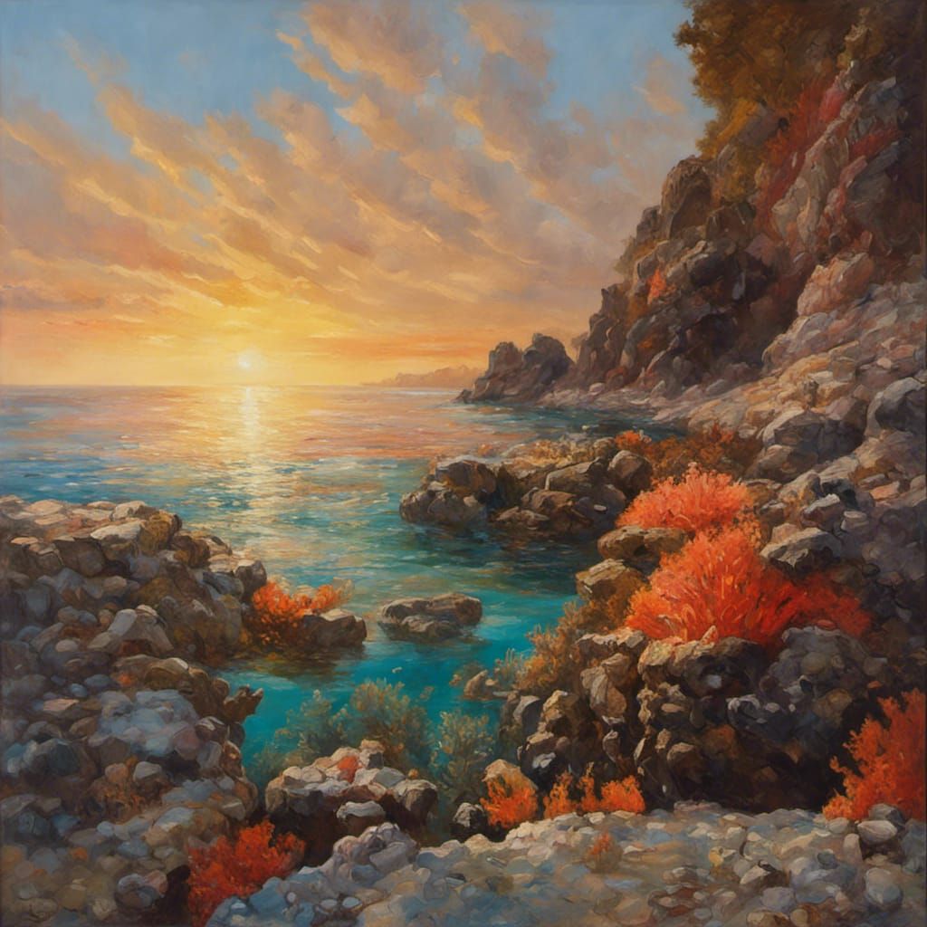 Split View: Rocky Shoreline and Coral Reef at Golden Hour