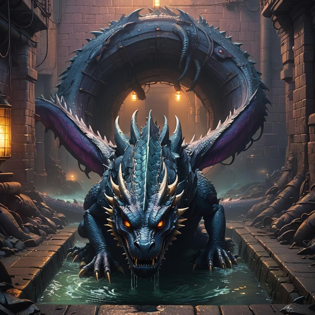 Dragon's Hoard in Sewer: Bioluminescent Fantasy Art