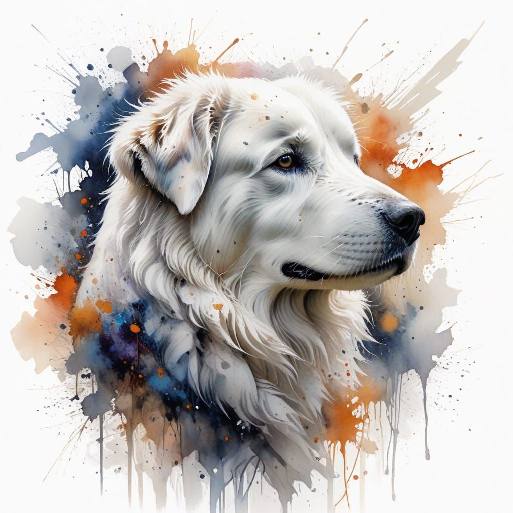Great Pyrenees Dog in Expressive Watercolour Style