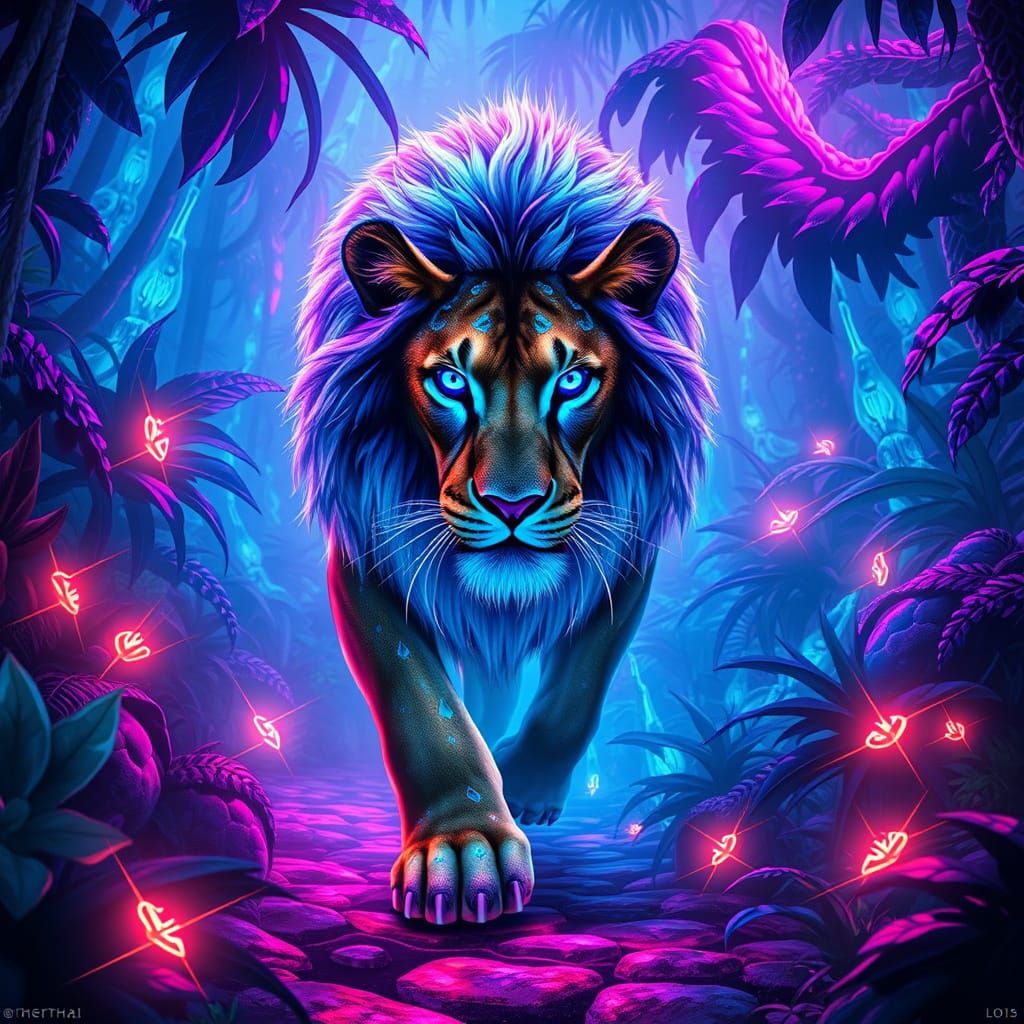 Bioluminescent Lion in Alien Jungle Art