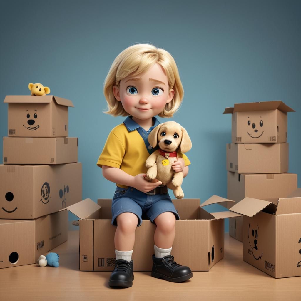 Baby Girl Hiding in Box, Pixar Style 3D Render