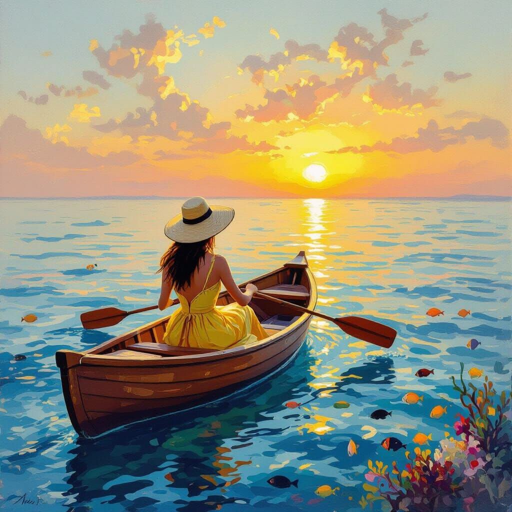 Woman Canoeing in Ocean at Sunset, Impressionistic Style
