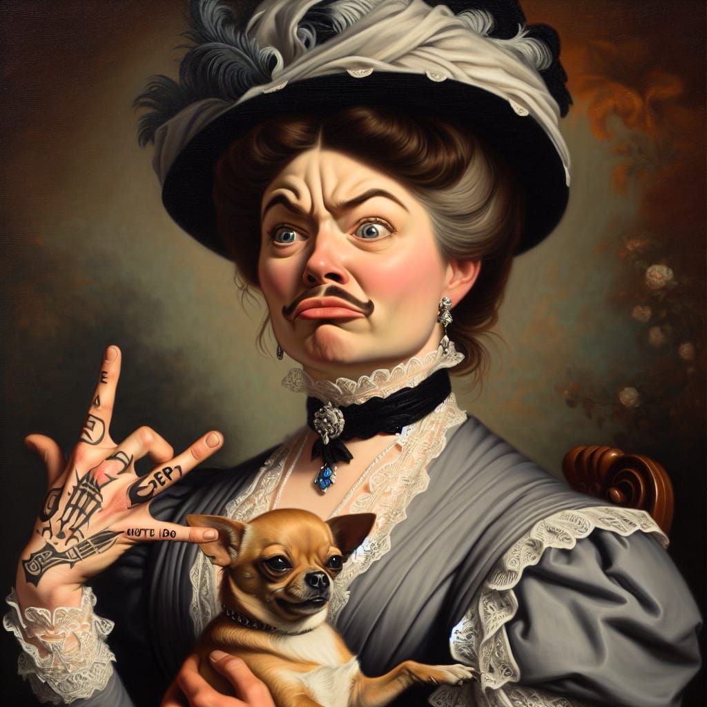 Victorian Lady Flashing Hand Signs: Classical Realism Oil Pa...