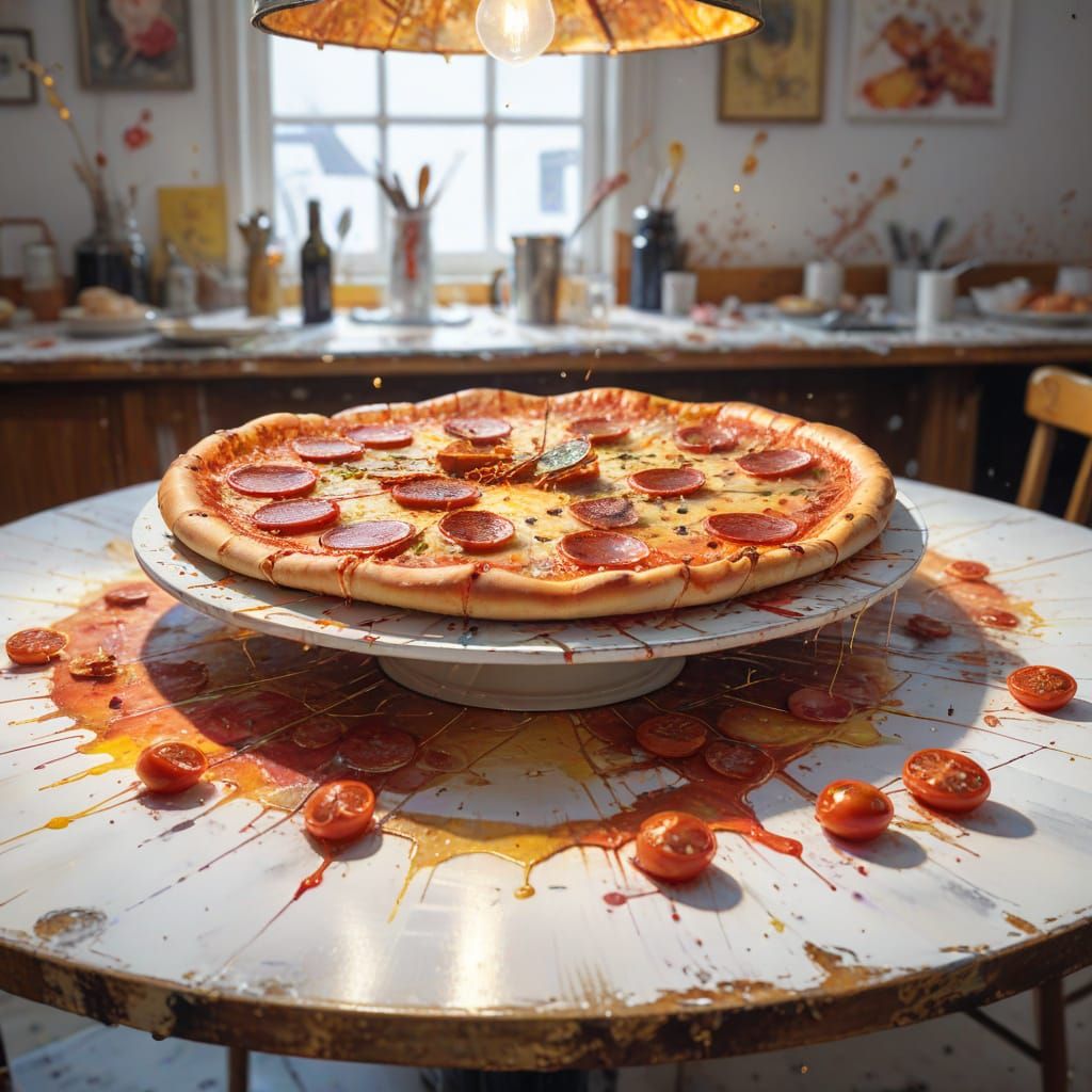 Pepperoni Pizza in a Diner, Watercolour Painting