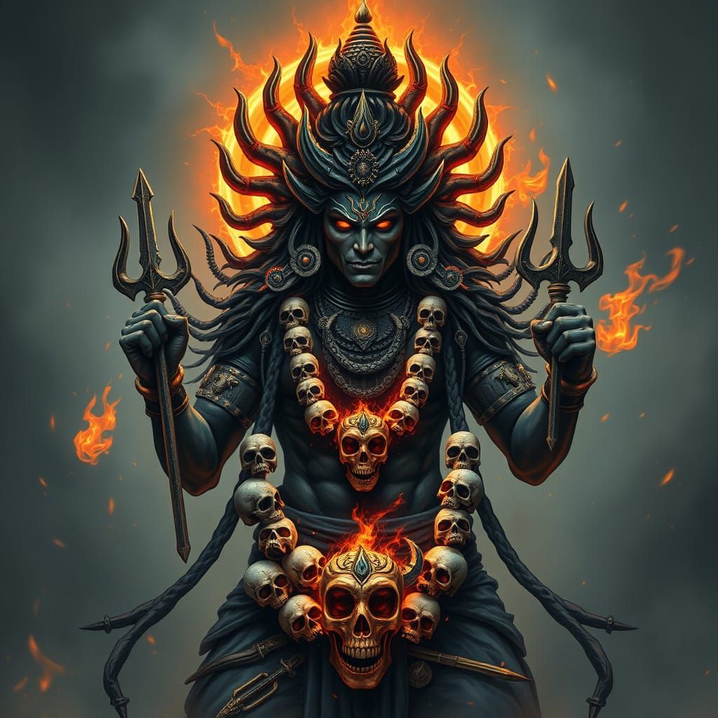 Fierce Lord Shiva Manifestation with Skull Garland and Omino...