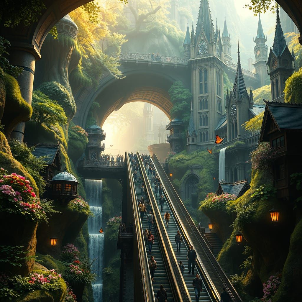 Magical Forest City in Vibrant Steampunk Style