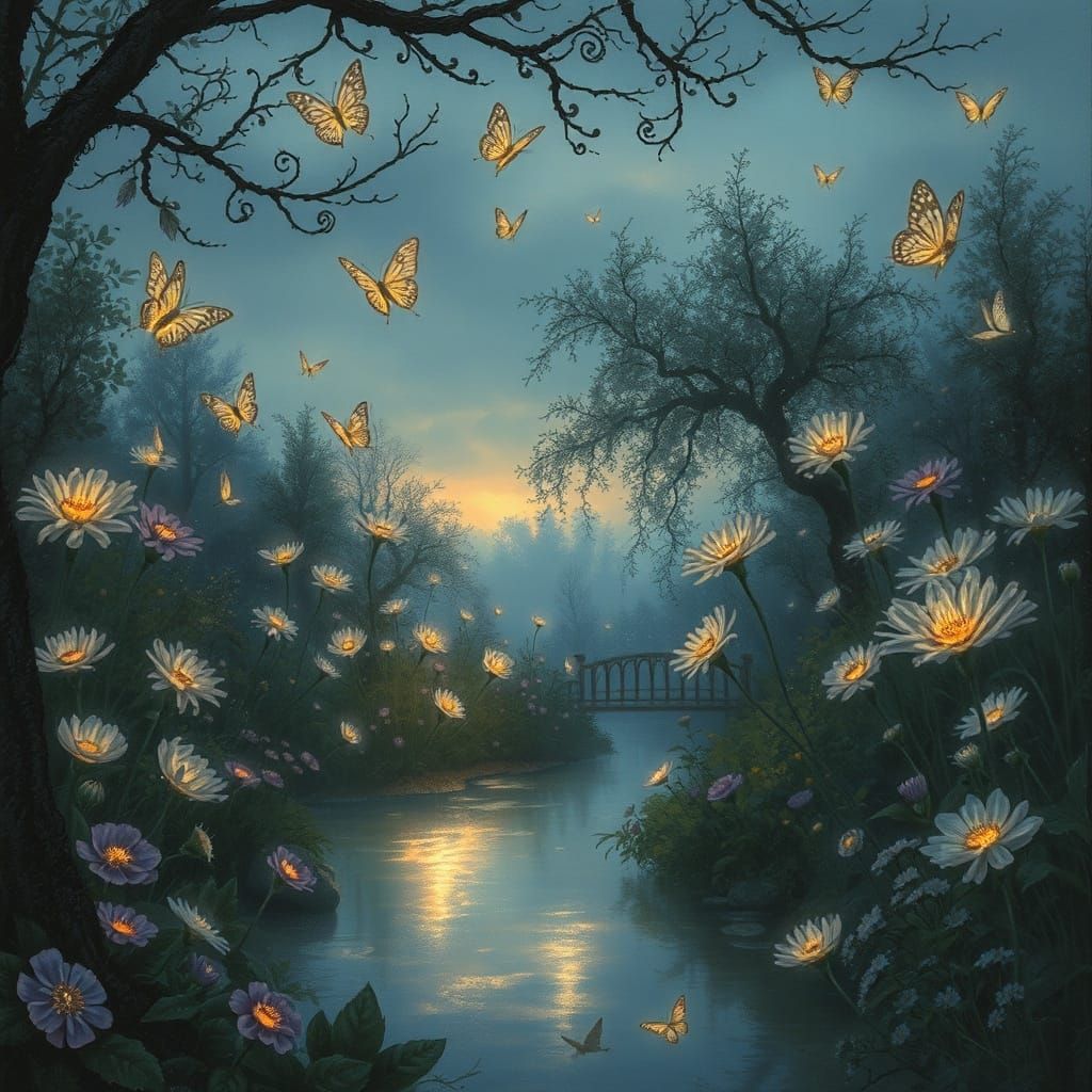 Enchanted Twilight Garden with Glowing Flowers and Glass But...