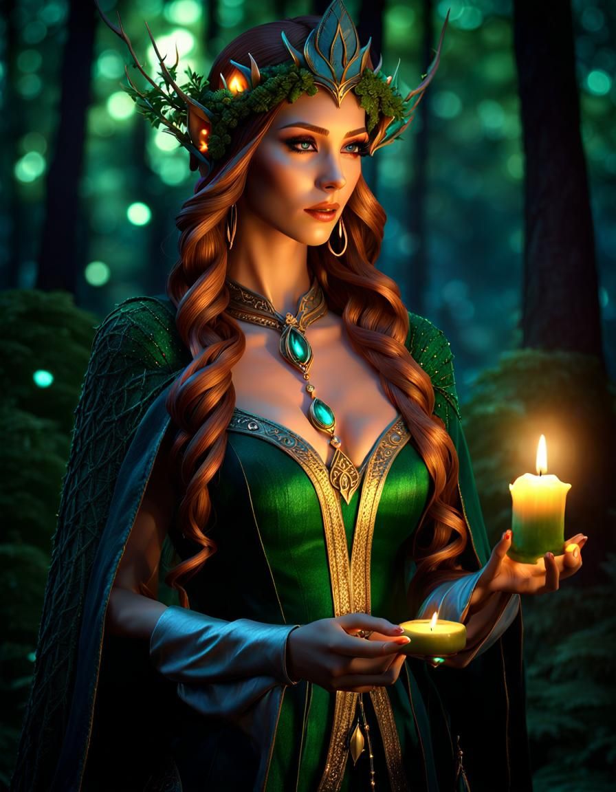 Enchanted Elf Warlock in Moonlit Forest, 3D Render
