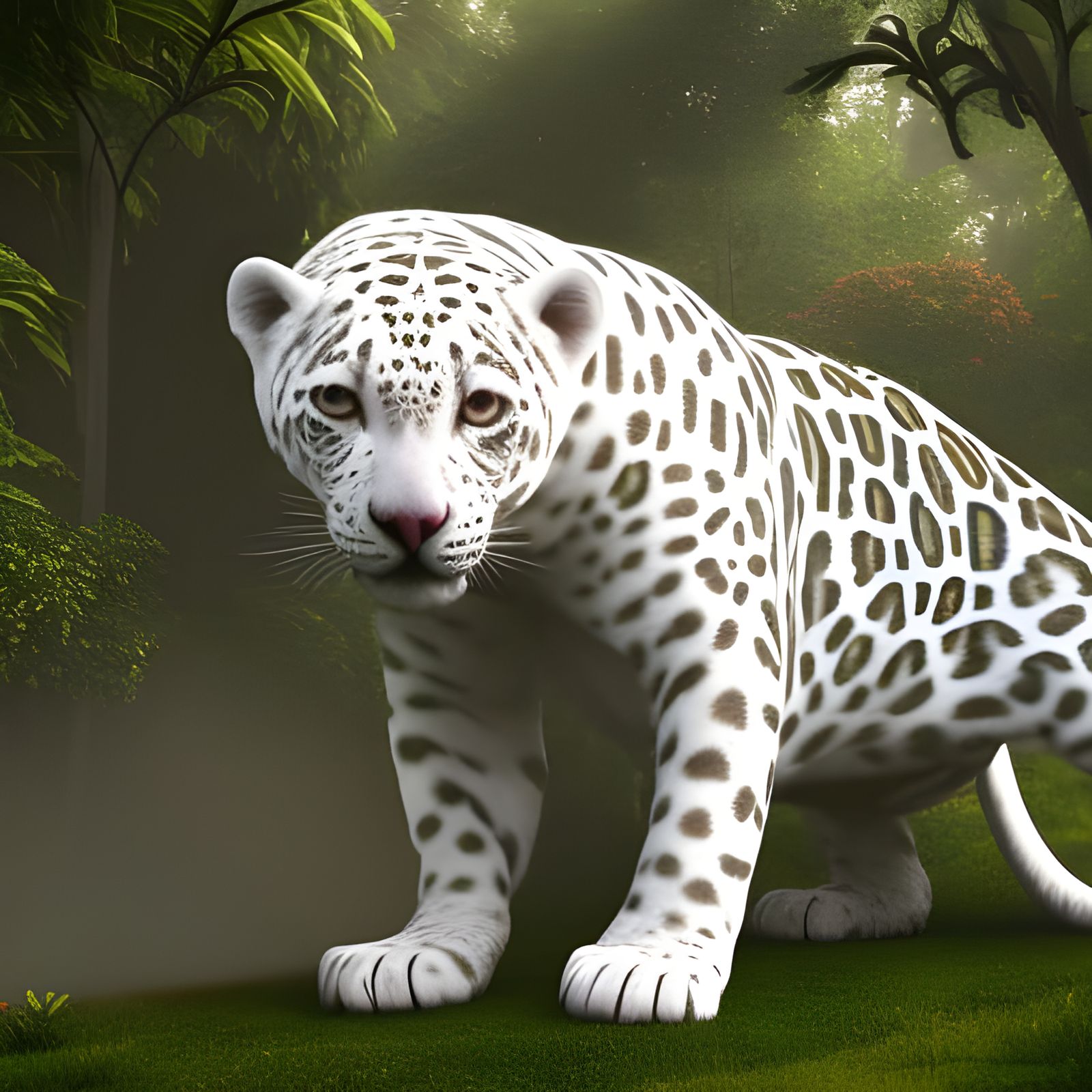 Albino Jaguar in a Fantastical Garden