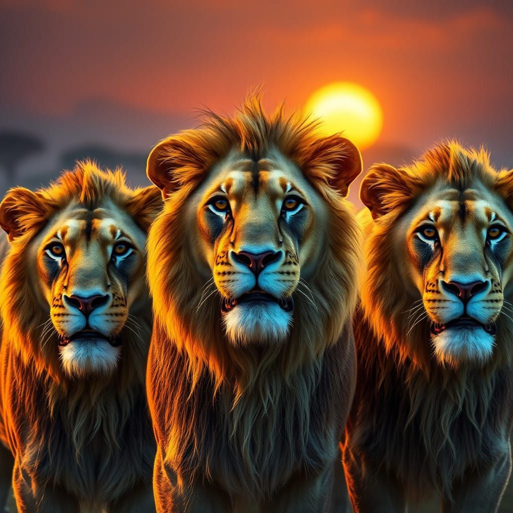 Majestic Lions in Hyper-Realistic African Sunset