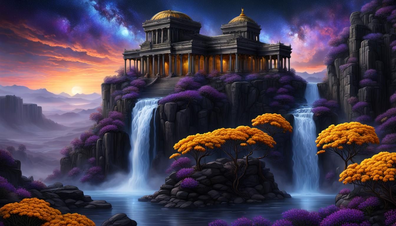 Desolate Temple and Waterfalls at Dawn