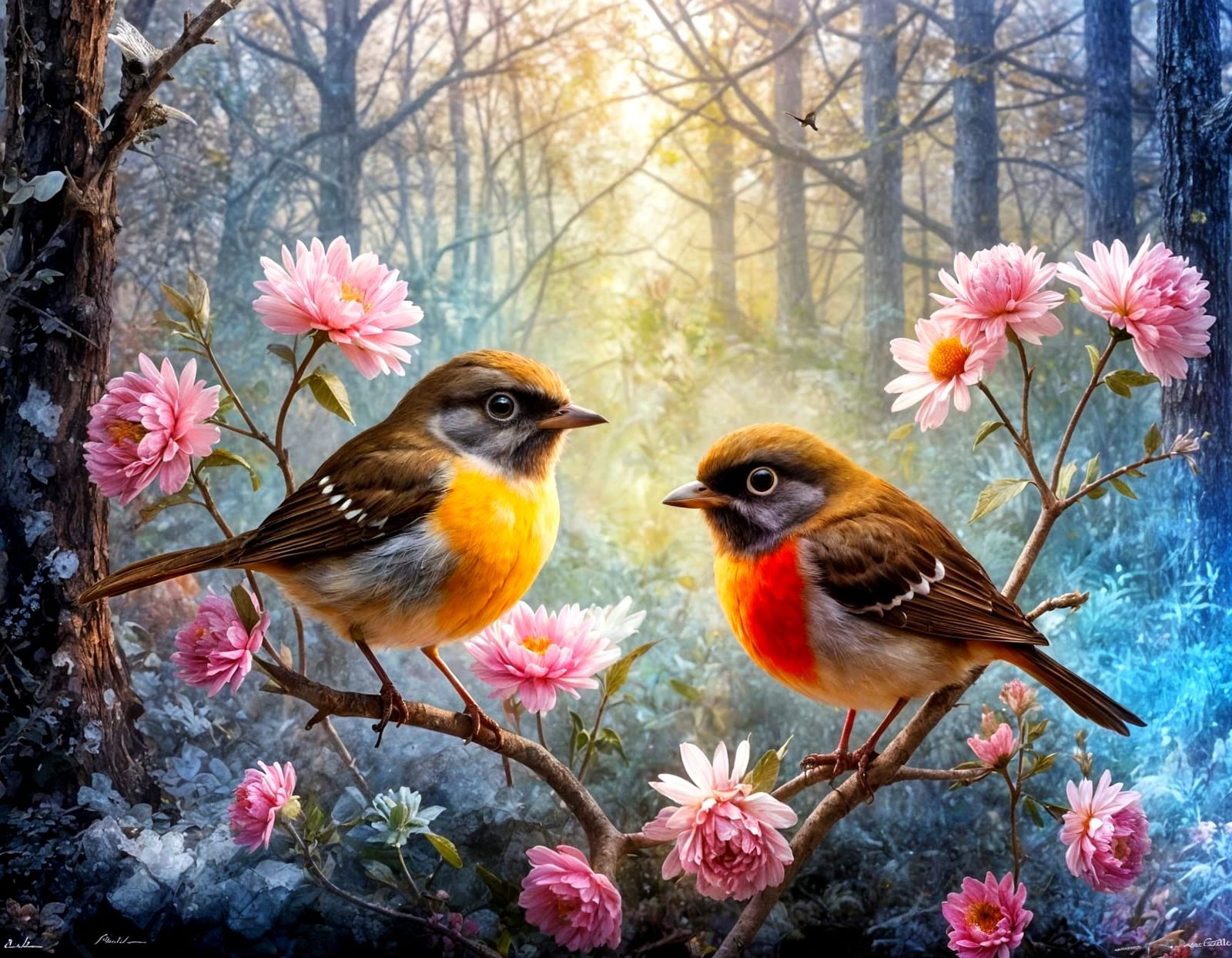 Pretty Birds Perched on Colorful Flowers