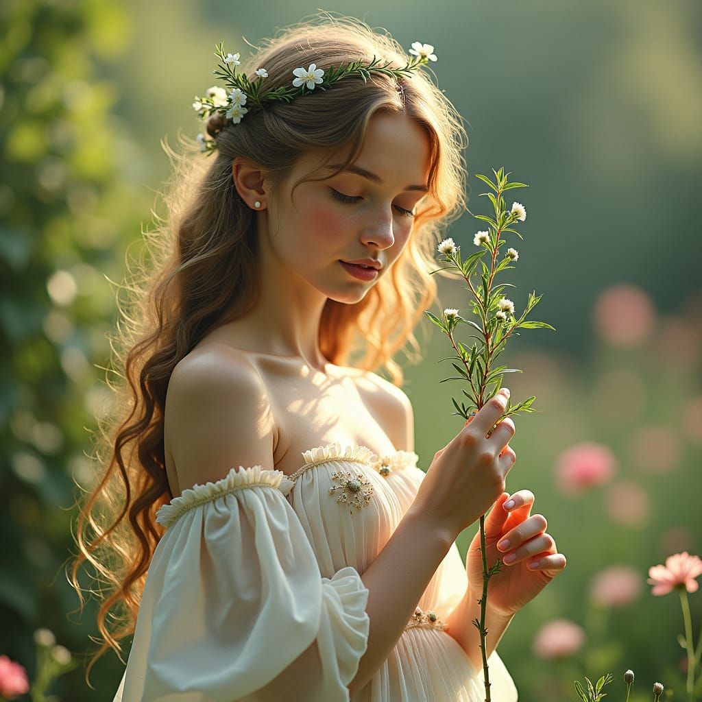 Dreamy Woman with Rosemary in Lush Garden