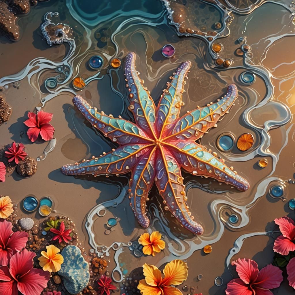 Opalescent Starfish Sunset: Hyperrealistic Splash Art