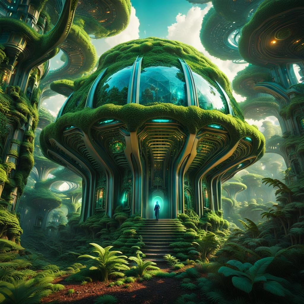 Vibrant Surreal Alien Forest with Sci-Fi Building