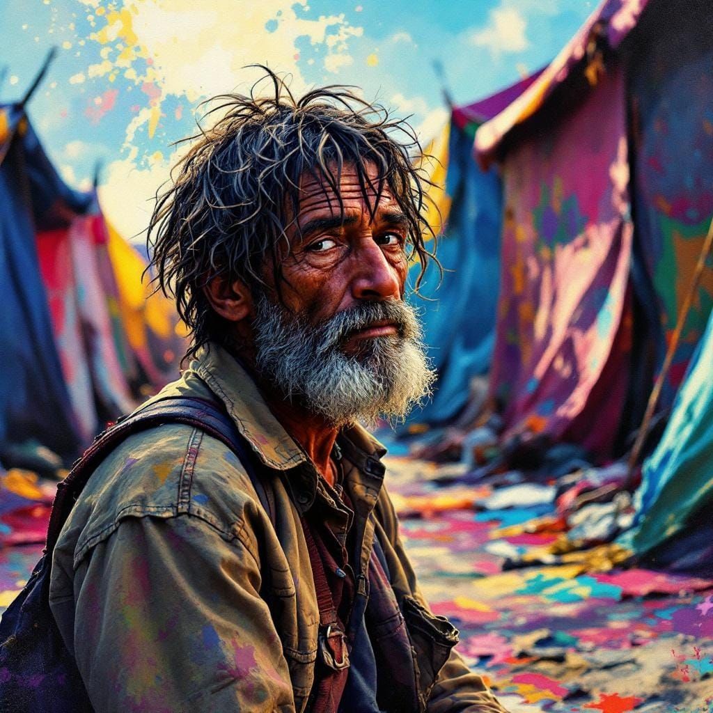 Homeless Person in Tent City: Impressionist Gouache Painting