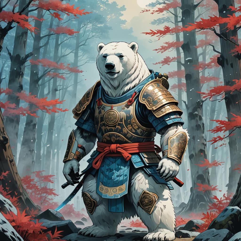 Samurai Polar Bear in Ancient Forest: Ukiyo-e Style