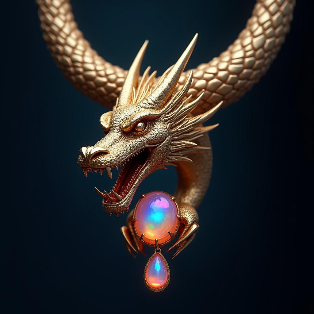 Majestic Golden Dragon Necklace with Moonstone, Fantasy Art