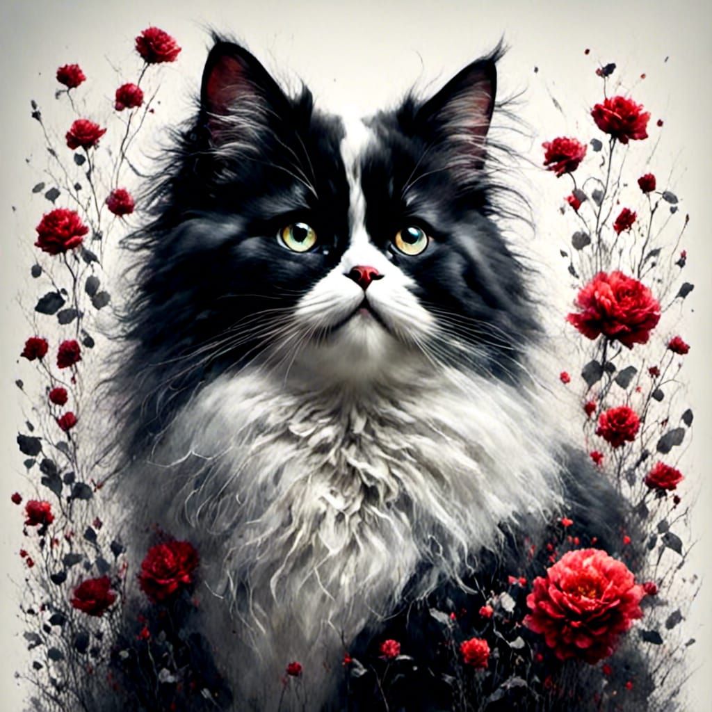 A portrait of a black and white Persian cat