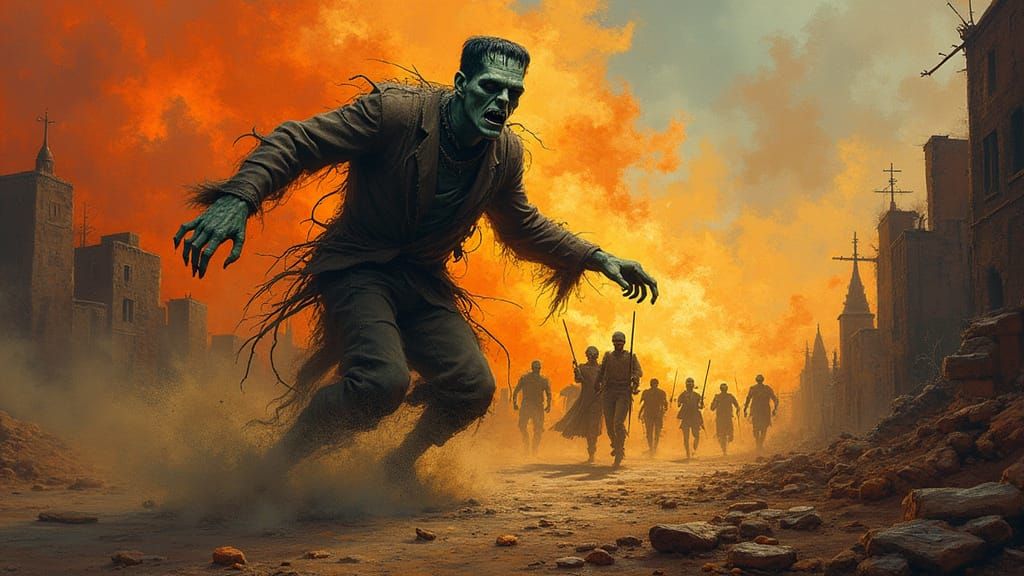 Frankenstein's Monster Fleeing Mob in Gothic Horror Style