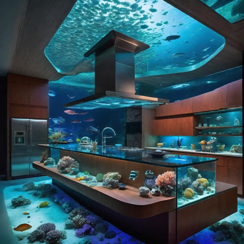 Detailed  kitchen submerged in an aquarium with glass walls