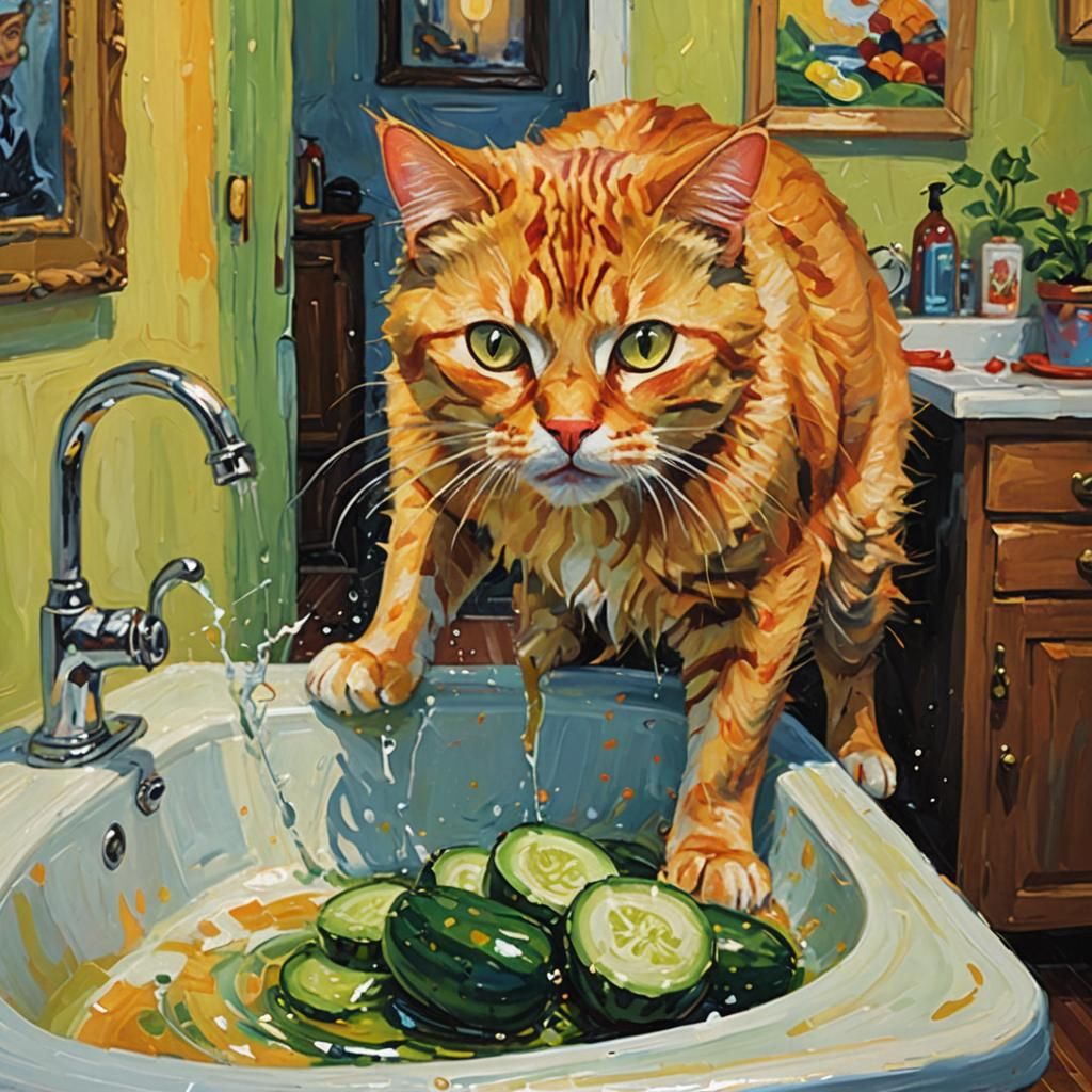 Terrified Cat and Cucumber in Fauvist Oil Painting