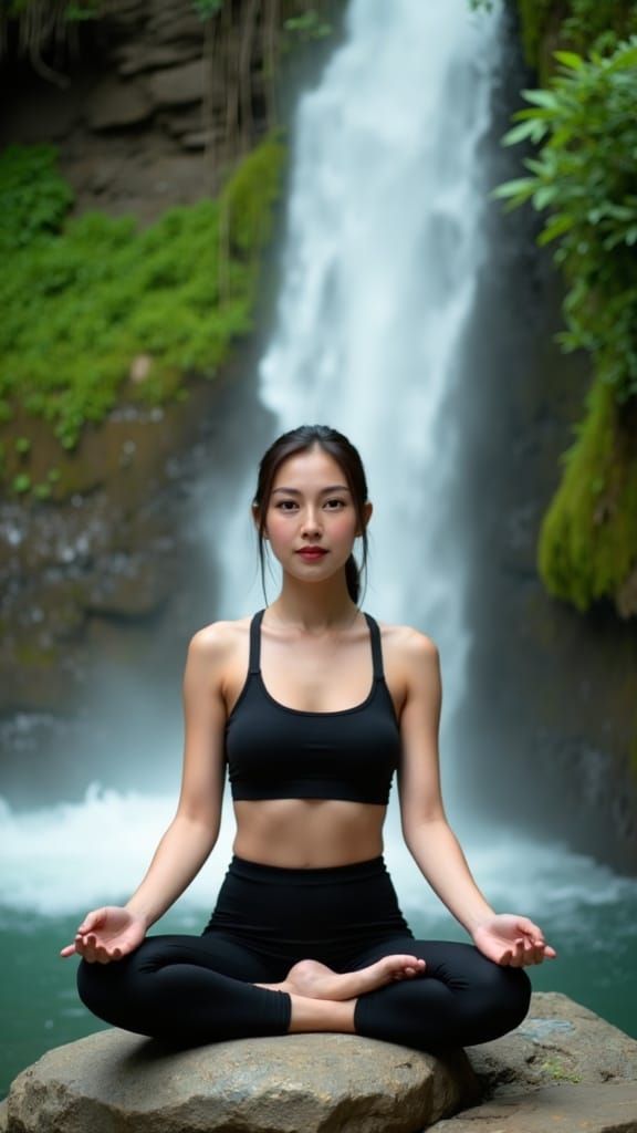 Hyperrealistic Woman Meditating by Waterfall