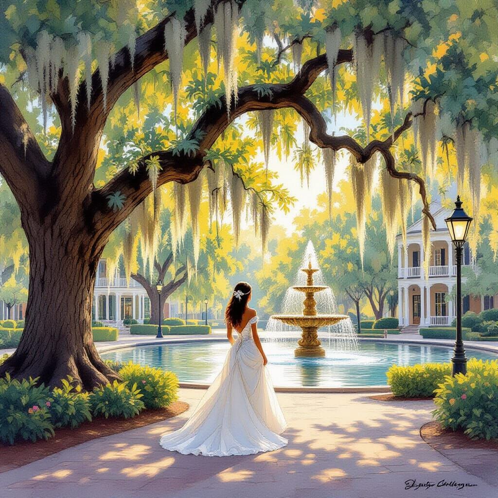 Southern Belle Under Oak Trees in Watercolor Style