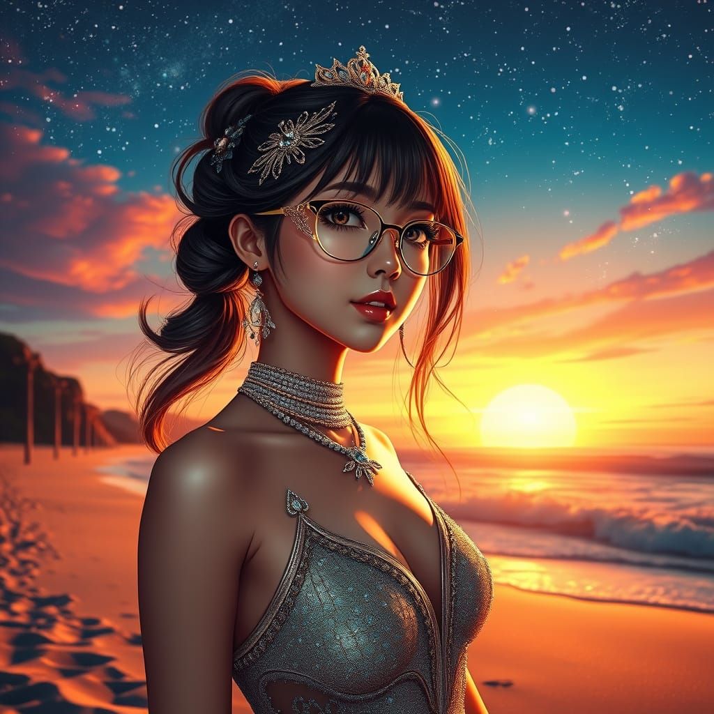 Hyper-Realistic Anime Goddess in Futuristic Sunset Attire
