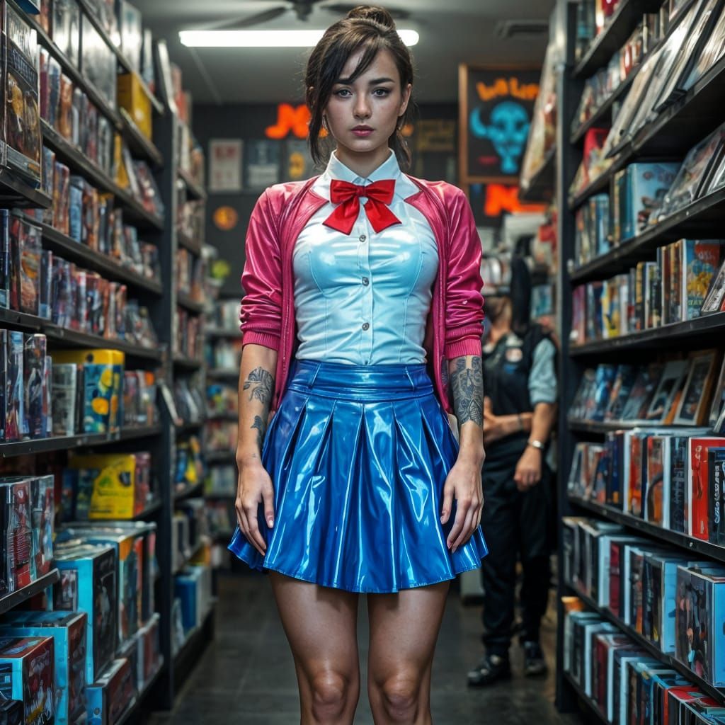 Nerdy Girl in Latex School Uniform at Game Store