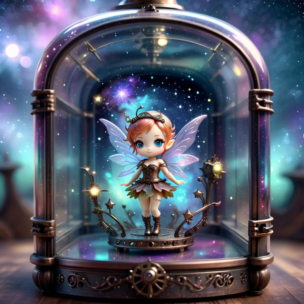 Steampunk Fairy in Glass Box with Nebula