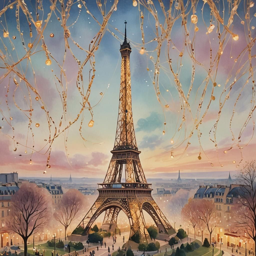 Eiffel Tower of String in Dreamy Watercolor Style