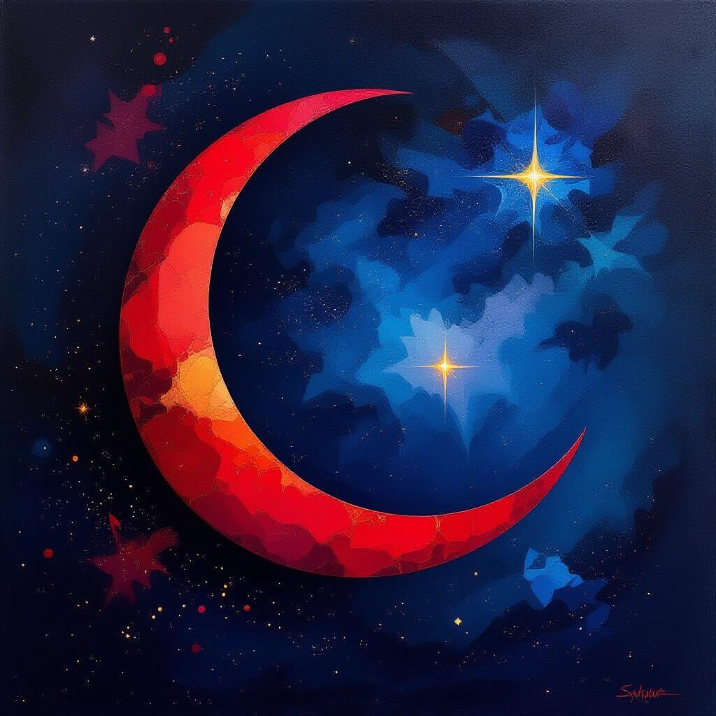 Crimson Moon in Starry Night Sky Abstract Painting